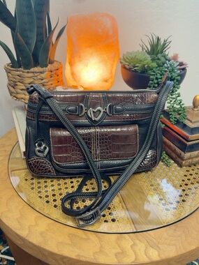 Brighton Black Brown Croc Embossed Leather Organizer Crossbody Bag
